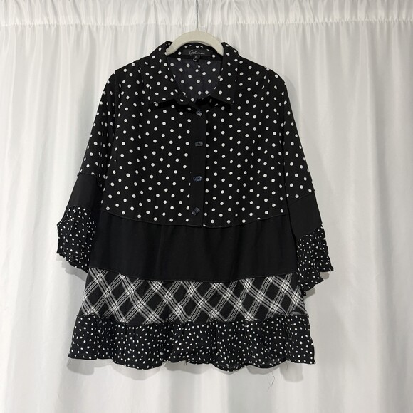 Caleooa Tops - Caleooa Mixed Print Tunic Blouse Sz PL Black White Polka Dot Plaid Tiered Ruffle